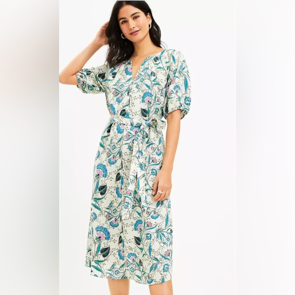LOFT Floral V-Neck Puff Sleeve Midi Dress, Sz M Petite belted linen blend NWT